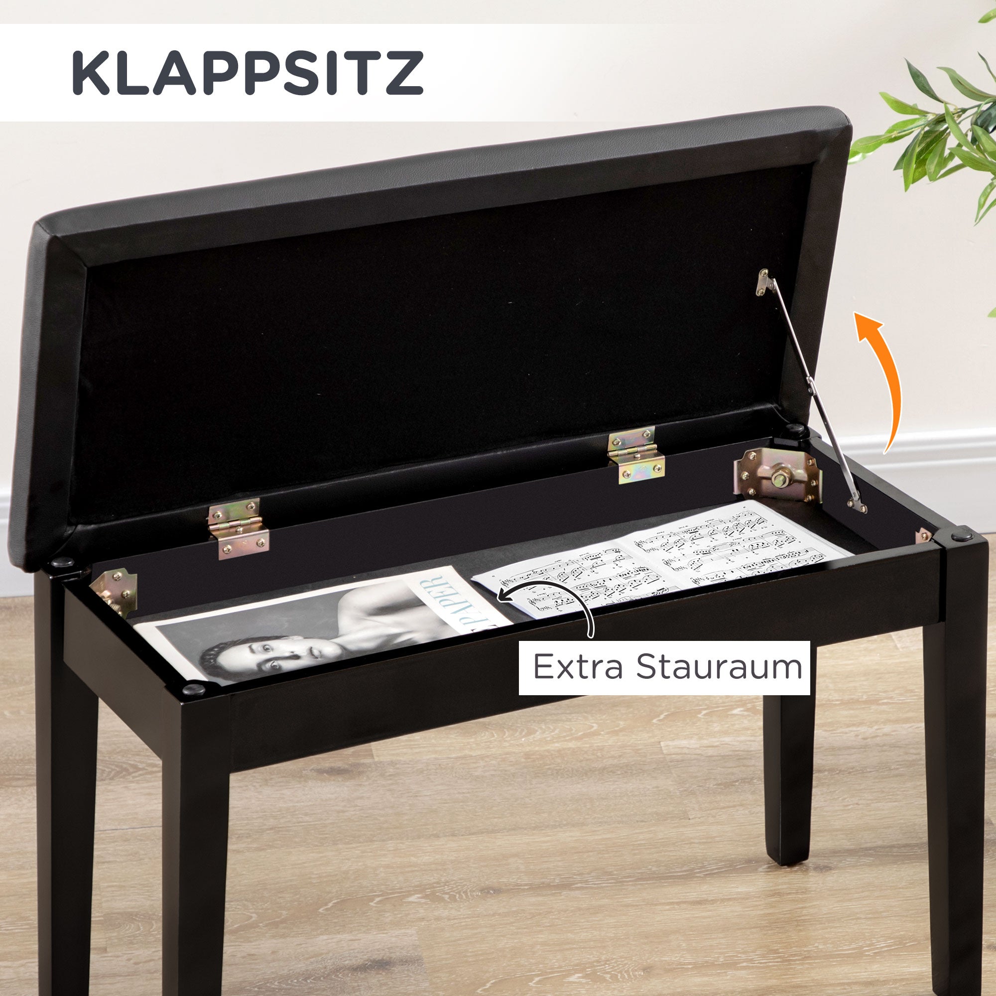 Piano Stool, Piano Bench with Hidden Storage, Pianobench with Faux Leather Cushion, Piano Chair for Piano, Keyboard, 75 x 35 x 49 cm, Black