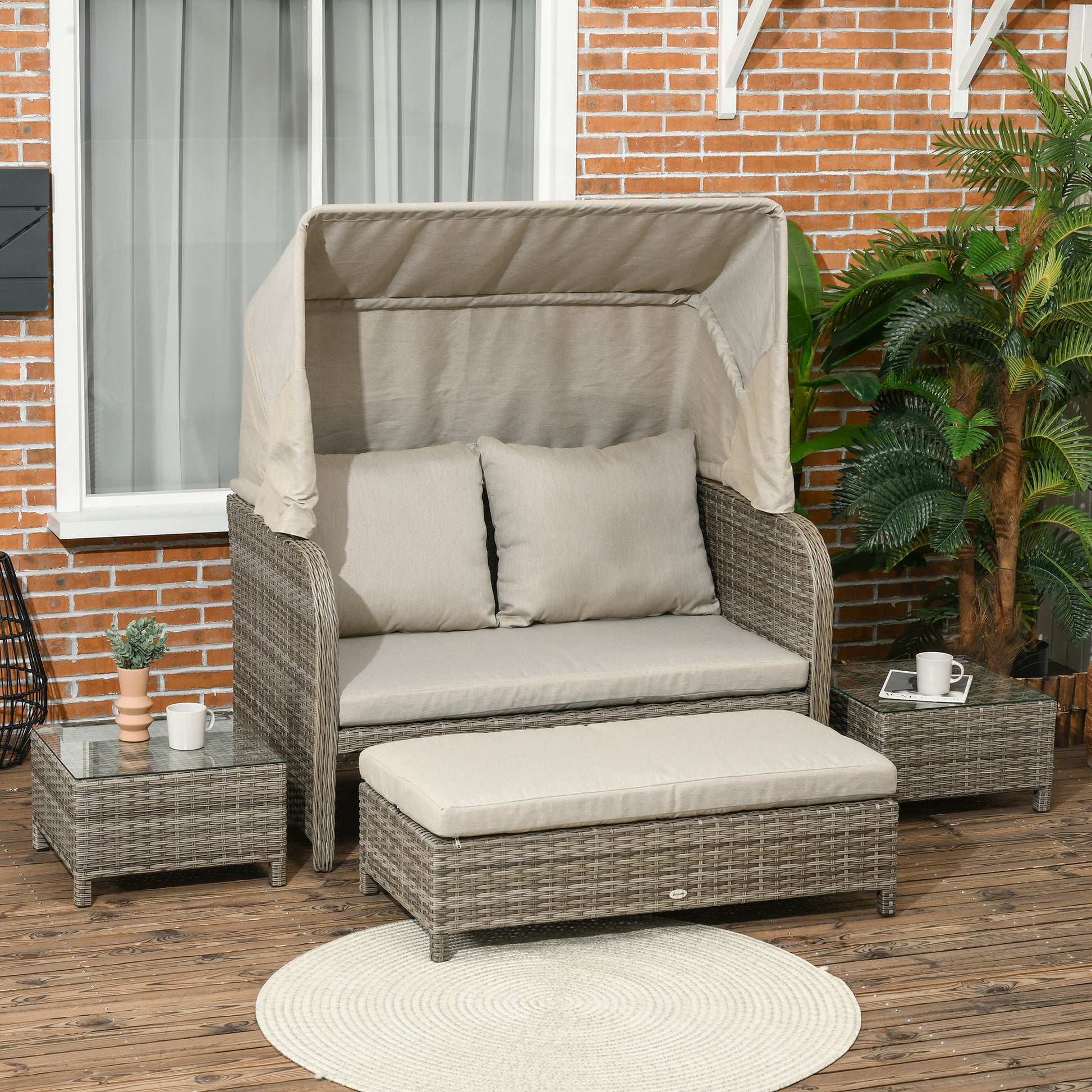 4-Piece Garden Sofa Set 2-Seater + 1 Footrest + 2 Coffee Tables with Cushions - Hot-Dip Galvanized Metal and Rattan Imitation - Beige Brown
