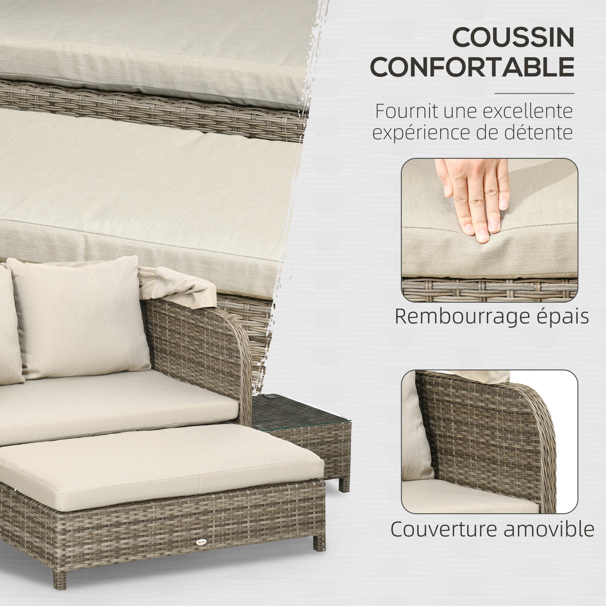 4-Piece Garden Sofa Set 2-Seater + 1 Footrest + 2 Coffee Tables with Cushions - Hot-Dip Galvanized Metal and Rattan Imitation - Beige Brown