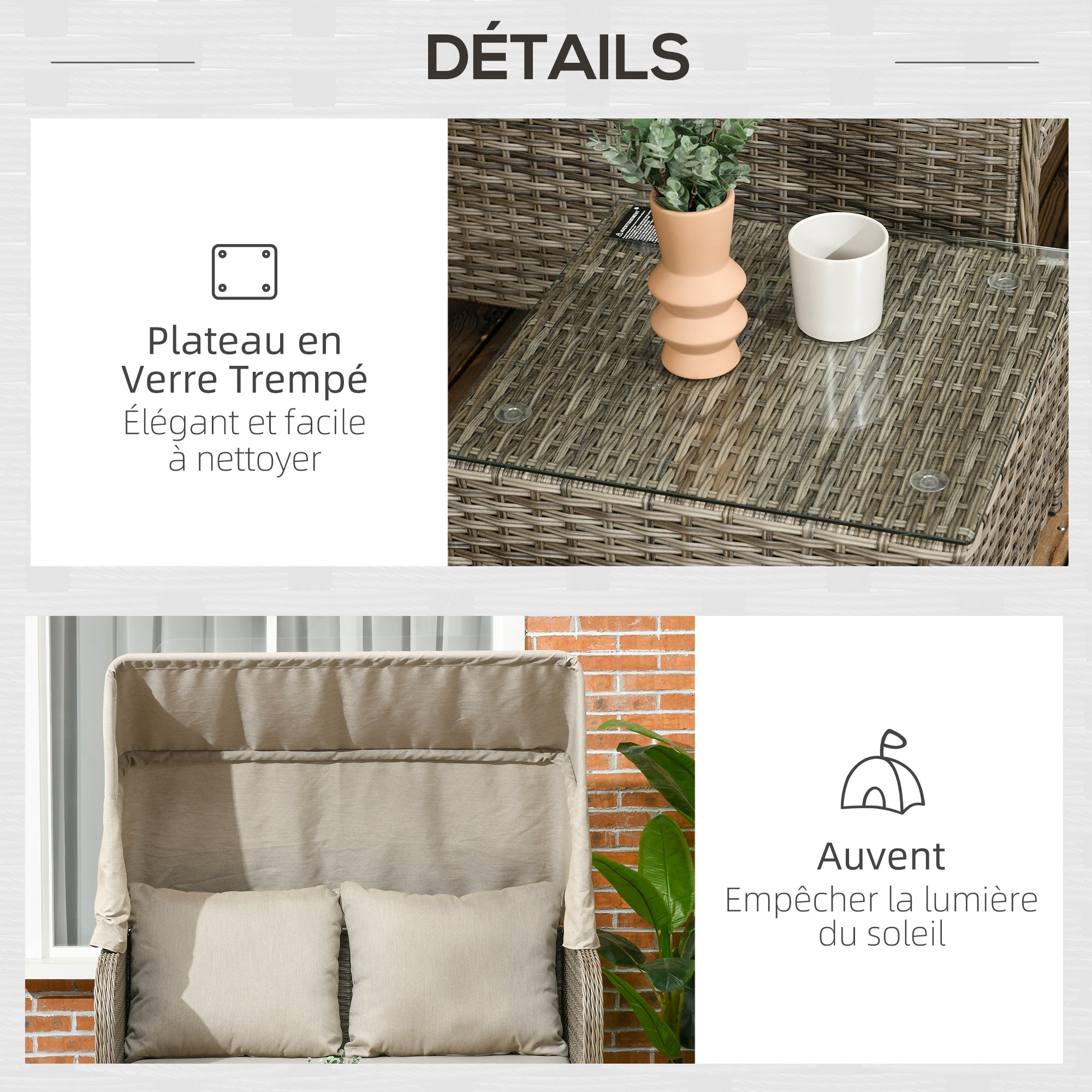 4-Piece Garden Sofa Set 2-Seater + 1 Footrest + 2 Coffee Tables with Cushions - Hot-Dip Galvanized Metal and Rattan Imitation - Beige Brown