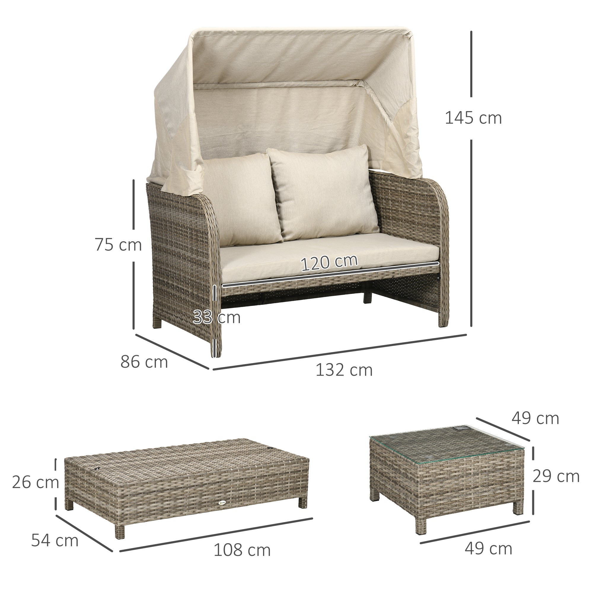 4-Piece Garden Sofa Set 2-Seater + 1 Footrest + 2 Coffee Tables with Cushions - Hot-Dip Galvanized Metal and Rattan Imitation - Beige Brown