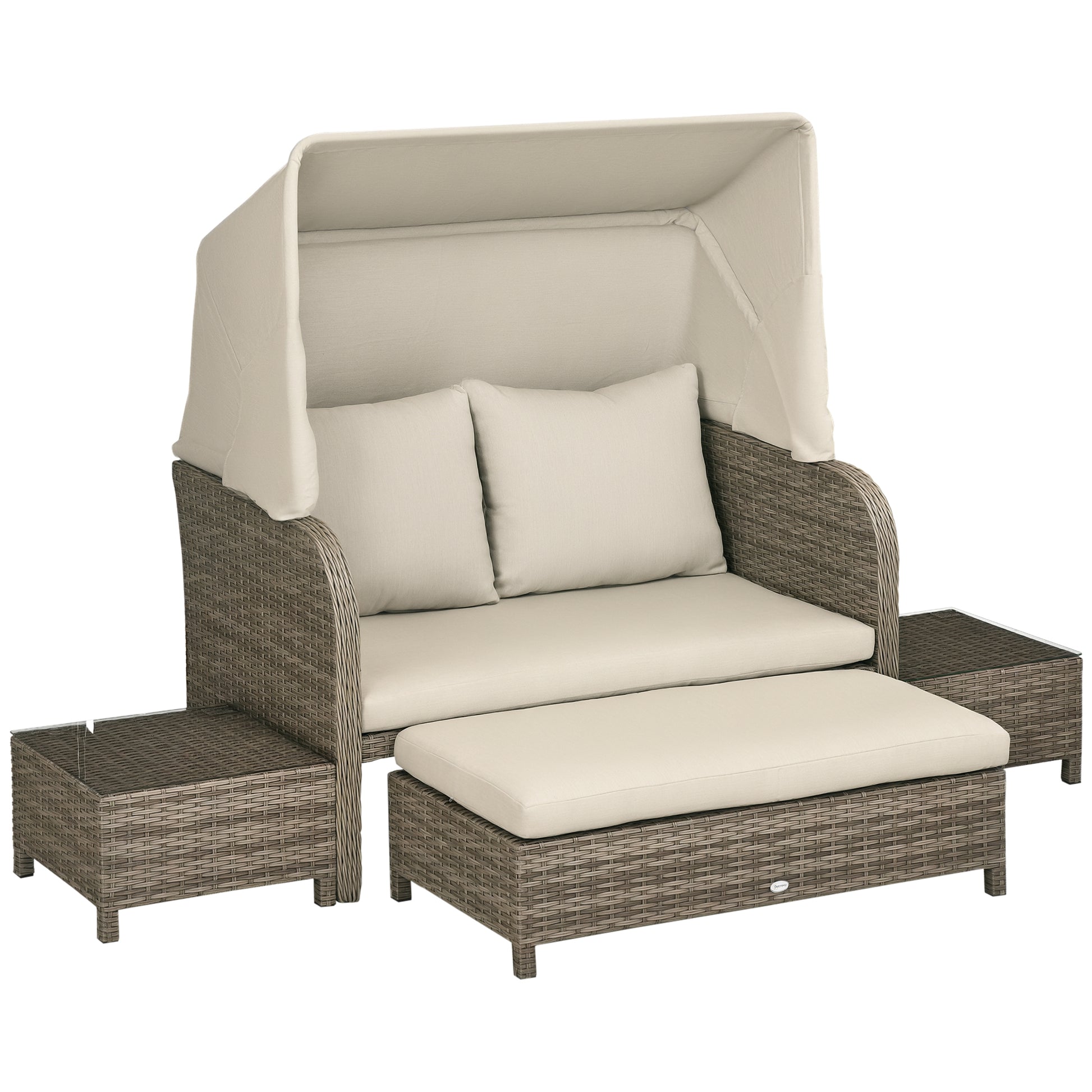 4-Piece Garden Sofa Set 2-Seater + 1 Footrest + 2 Coffee Tables with Cushions - Hot-Dip Galvanized Metal and Rattan Imitation - Beige Brown