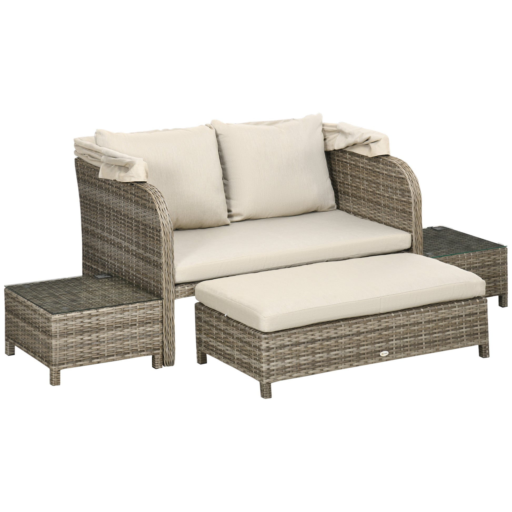4-Piece Garden Sofa Set 2-Seater + 1 Footrest + 2 Coffee Tables with Cushions - Hot-Dip Galvanized Metal and Rattan Imitation - Beige Brown