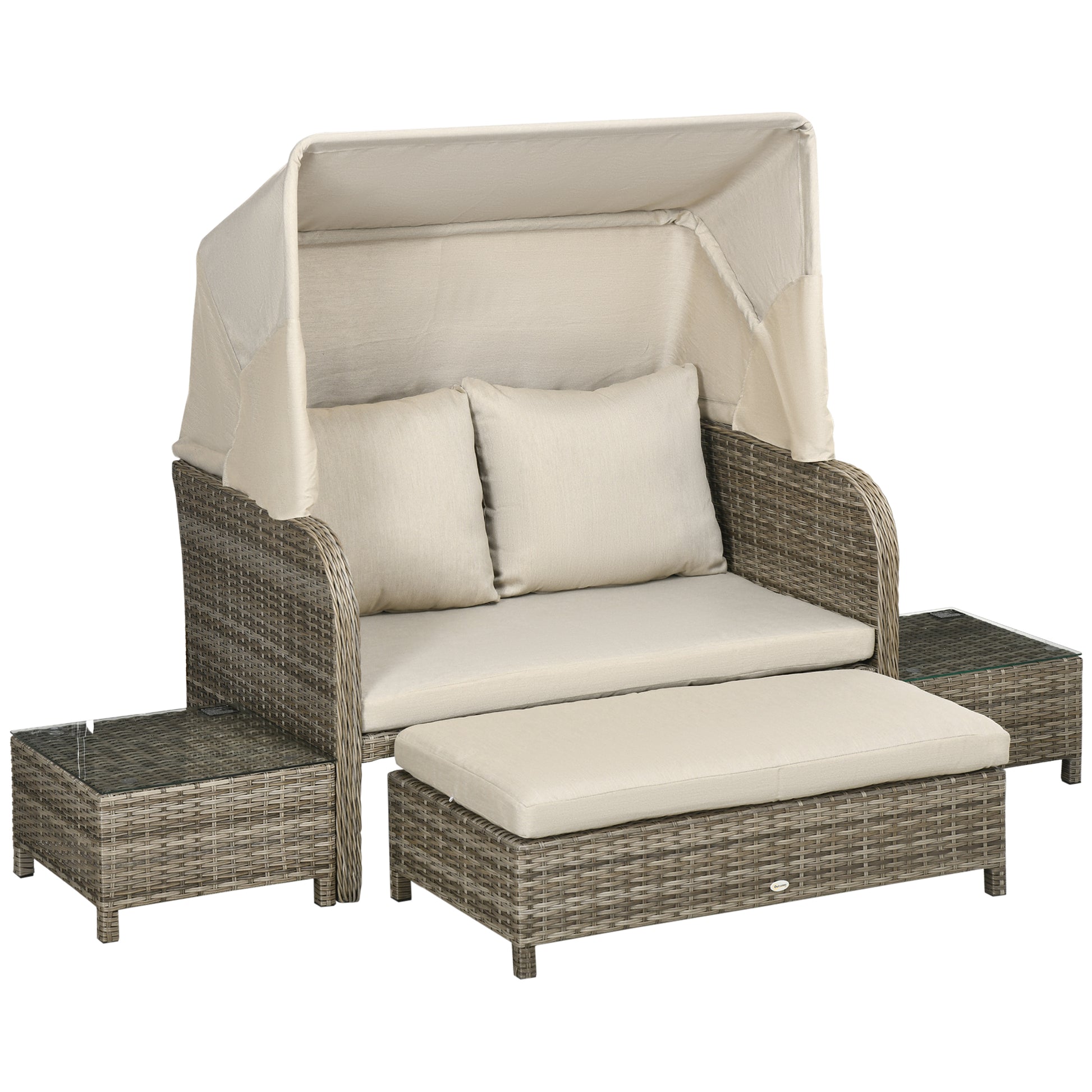 4-Piece Garden Sofa Set 2-Seater + 1 Footrest + 2 Coffee Tables with Cushions - Hot-Dip Galvanized Metal and Rattan Imitation - Beige Brown
