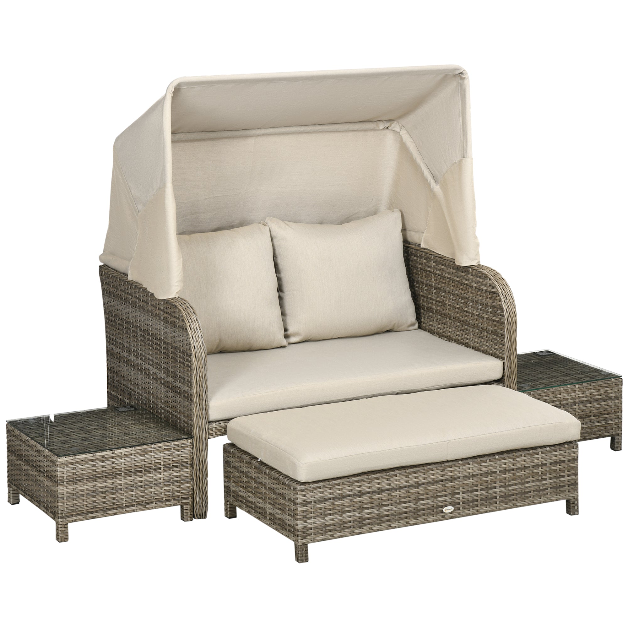 4-Piece Garden Sofa Set 2-Seater + 1 Footrest + 2 Coffee Tables with Cushions - Hot-Dip Galvanized Metal and Rattan Imitation - Beige Brown