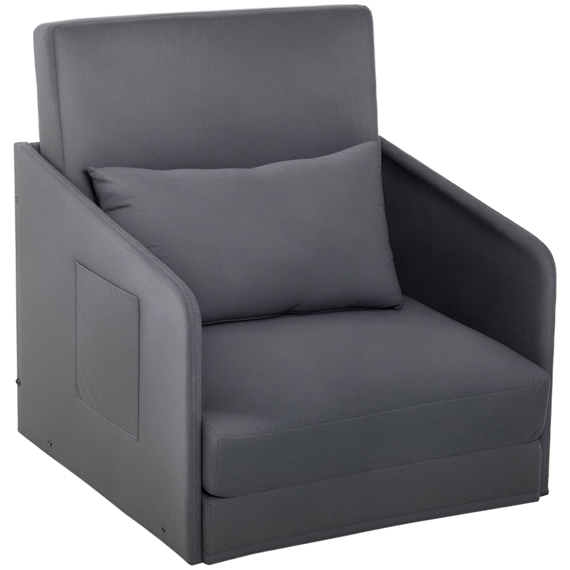 Sleeper Sofa Bed Single Sofa Washable Cover 2 Side Pockets Pillow Metal Gray 70 x 76 x 77 cm