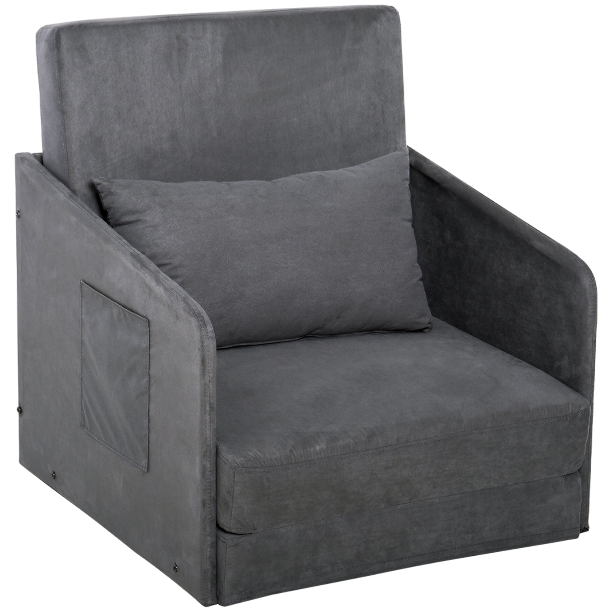 Sleeper Sofa Bed Single Sofa Washable Cover 2 Side Pockets Pillow Metal Gray 70 x 76 x 77 cm