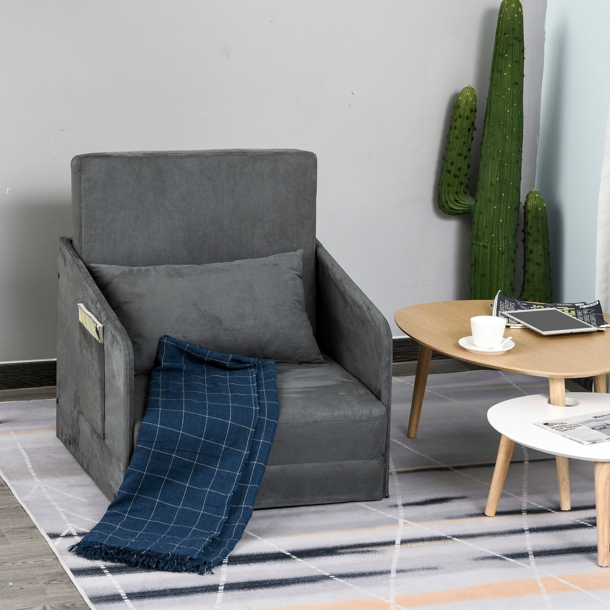 Sleeper Sofa Bed Single Sofa Washable Cover 2 Side Pockets Pillow Metal Gray 70 x 76 x 77 cm