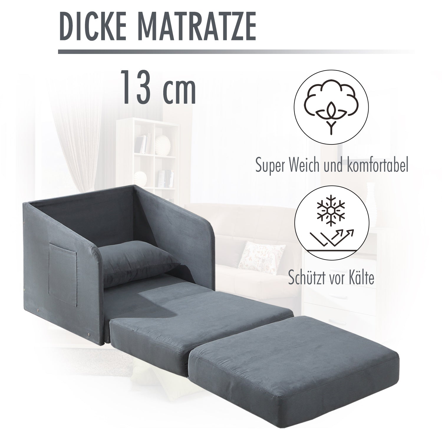 Sleeper Sofa Bed Single Sofa Washable Cover 2 Side Pockets Pillow Metal Gray 70 x 76 x 77 cm