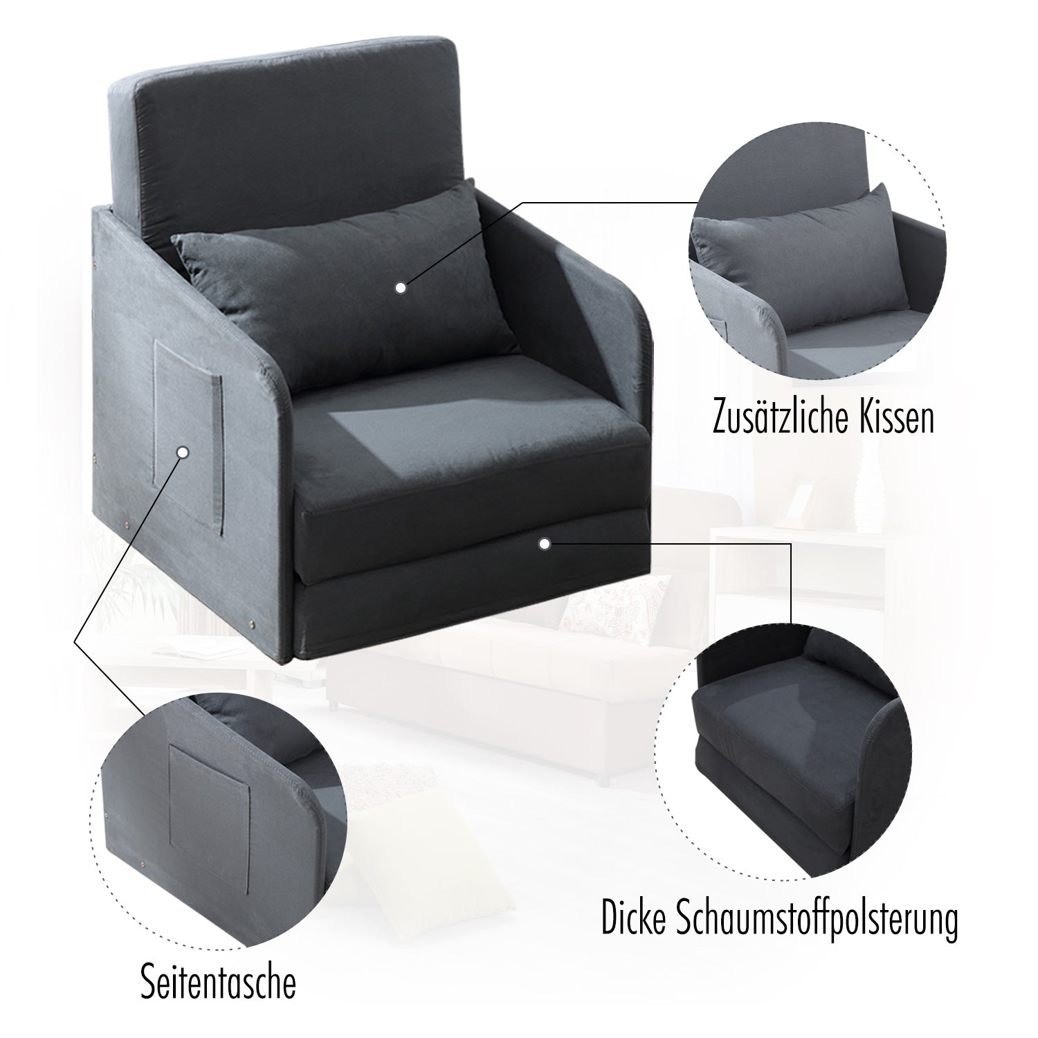 Sleeper Sofa Bed Single Sofa Washable Cover 2 Side Pockets Pillow Metal Gray 70 x 76 x 77 cm