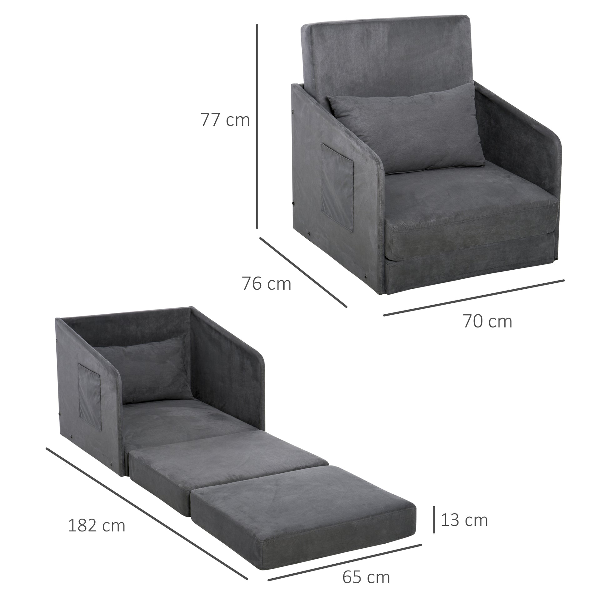 Sleeper Sofa Bed Single Sofa Washable Cover 2 Side Pockets Pillow Metal Gray 70 x 76 x 77 cm