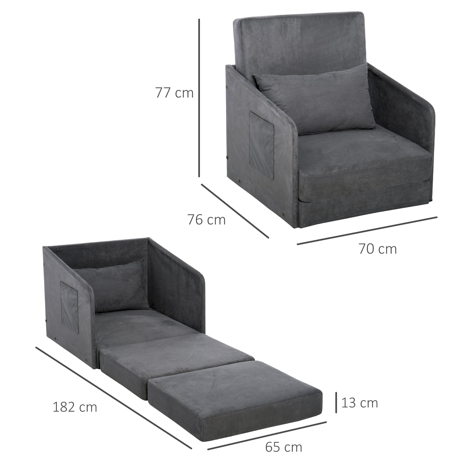 Sleeper Sofa Bed Single Sofa Washable Cover 2 Side Pockets Pillow Metal Gray 70 x 76 x 77 cm
