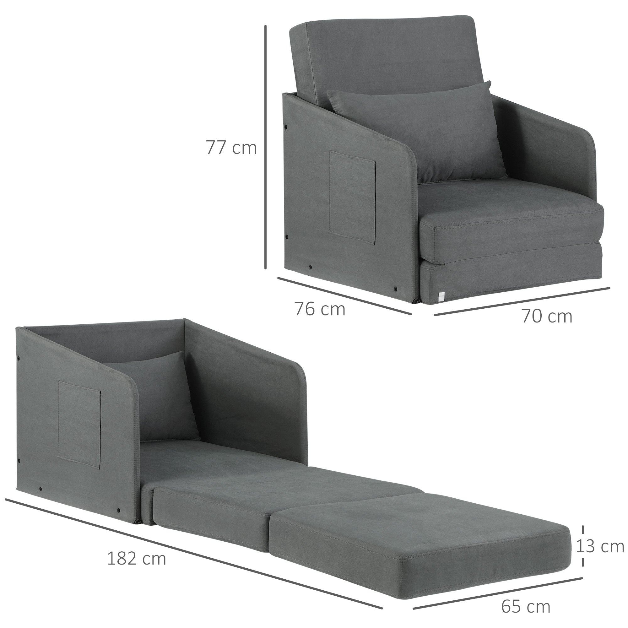 Sleeper Sofa Bed Single Sofa Washable Cover 2 Side Pockets Pillow Metal Gray 70 x 76 x 77 cm