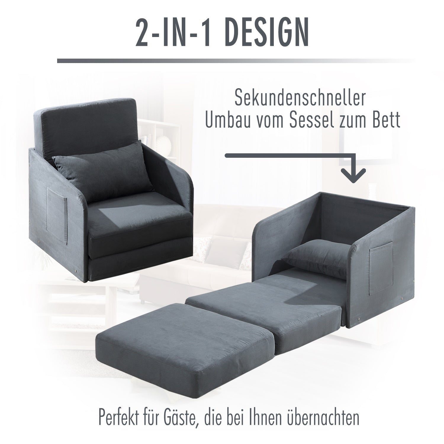 Sleeper Sofa Bed Single Sofa Washable Cover 2 Side Pockets Pillow Metal Gray 70 x 76 x 77 cm
