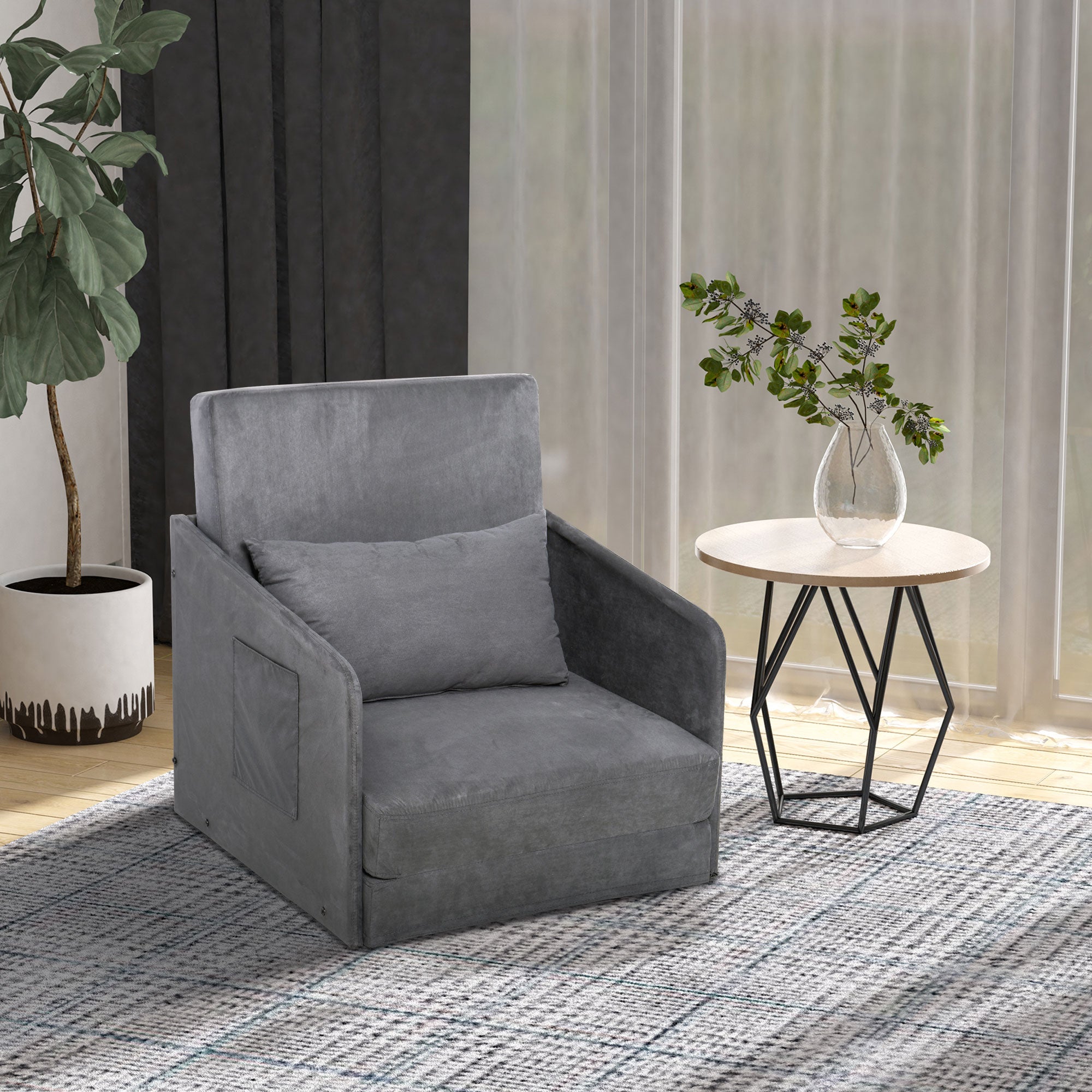 Sleeper Sofa Bed Single Sofa Washable Cover 2 Side Pockets Pillow Metal Gray 70 x 76 x 77 cm