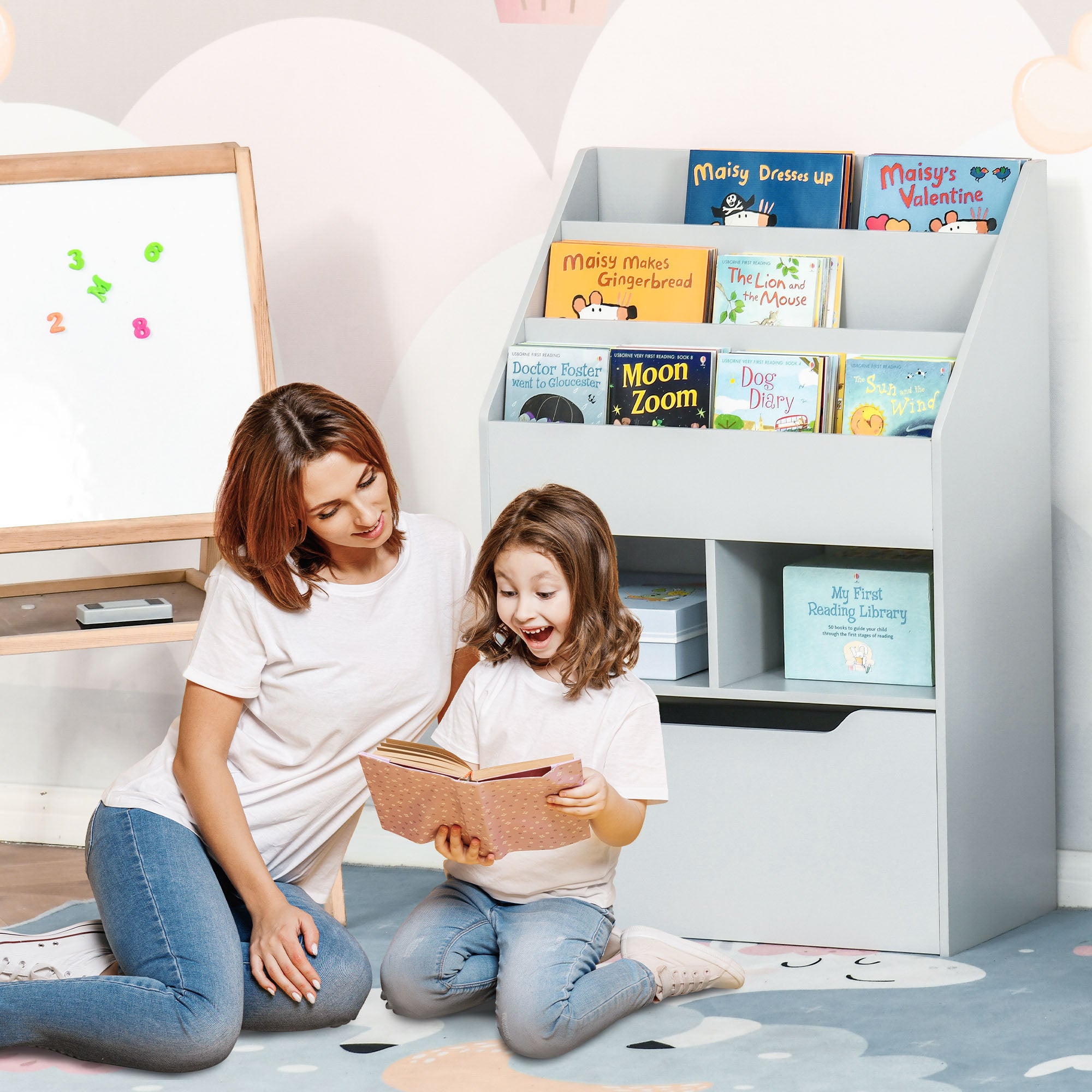 Children's Wooden Shelf with 3 Compartments, 2 Cubes, and Mobile Drawer with 4 Wheels, Kids' Bookshelf for Children's Room Playroom, 60x29.9x90 cm Gray