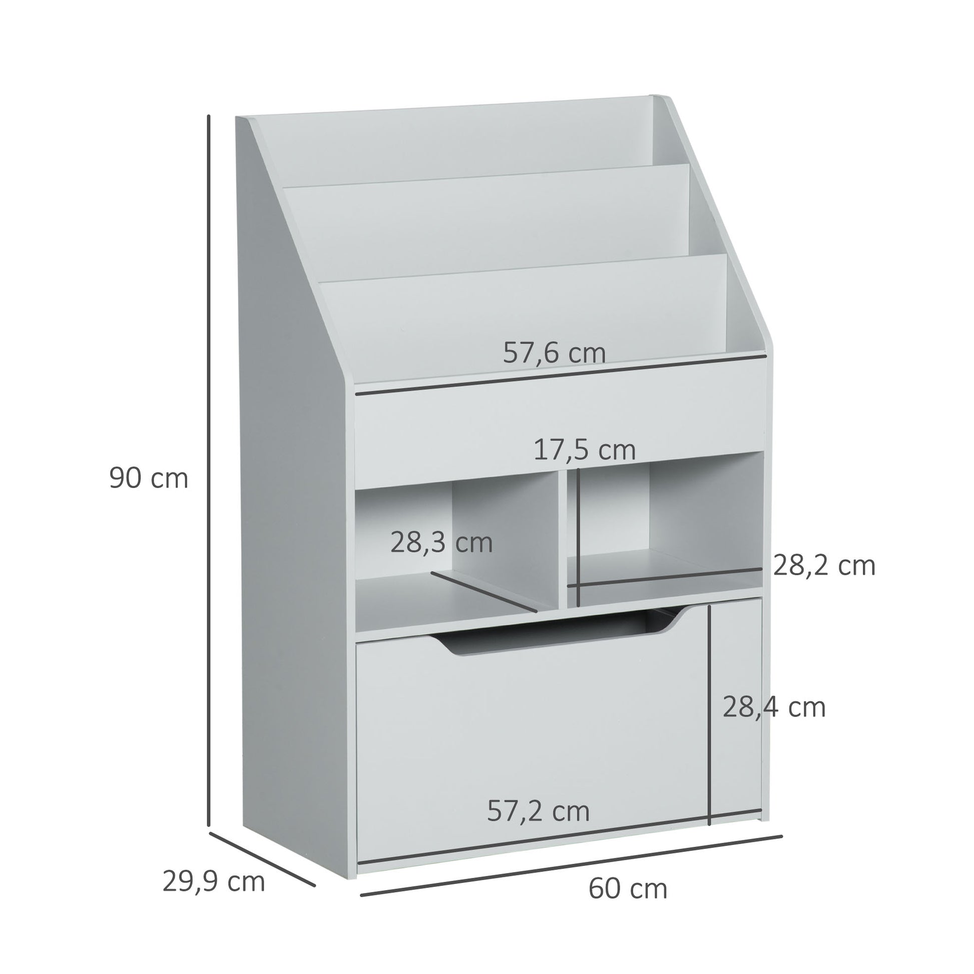 Children's Wooden Shelf with 3 Compartments, 2 Cubes, and Mobile Drawer with 4 Wheels, Kids' Bookshelf for Children's Room Playroom, 60x29.9x90 cm Gray