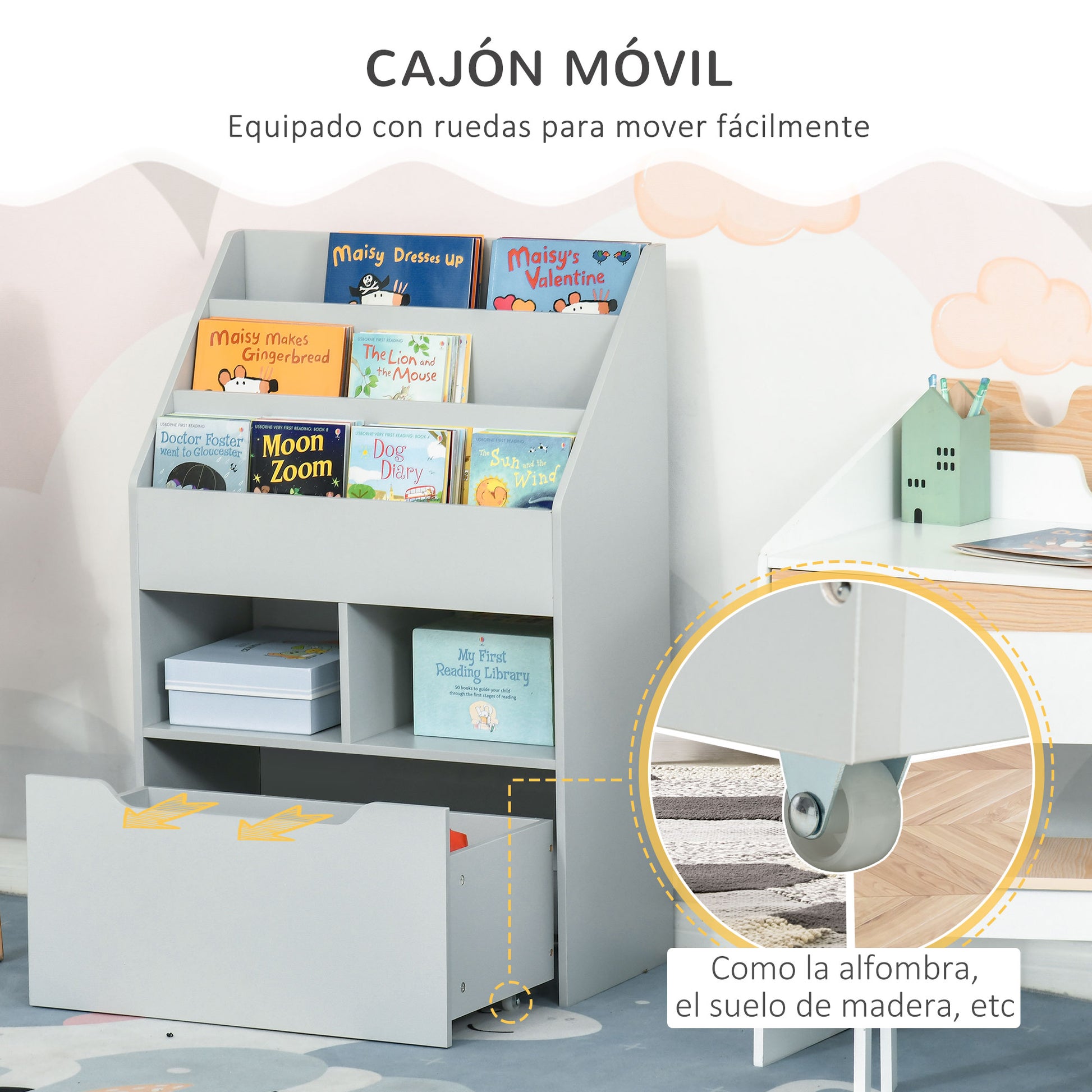 Children's Wooden Shelf with 3 Compartments, 2 Cubes, and Mobile Drawer with 4 Wheels, Kids' Bookshelf for Children's Room Playroom, 60x29.9x90 cm Gray