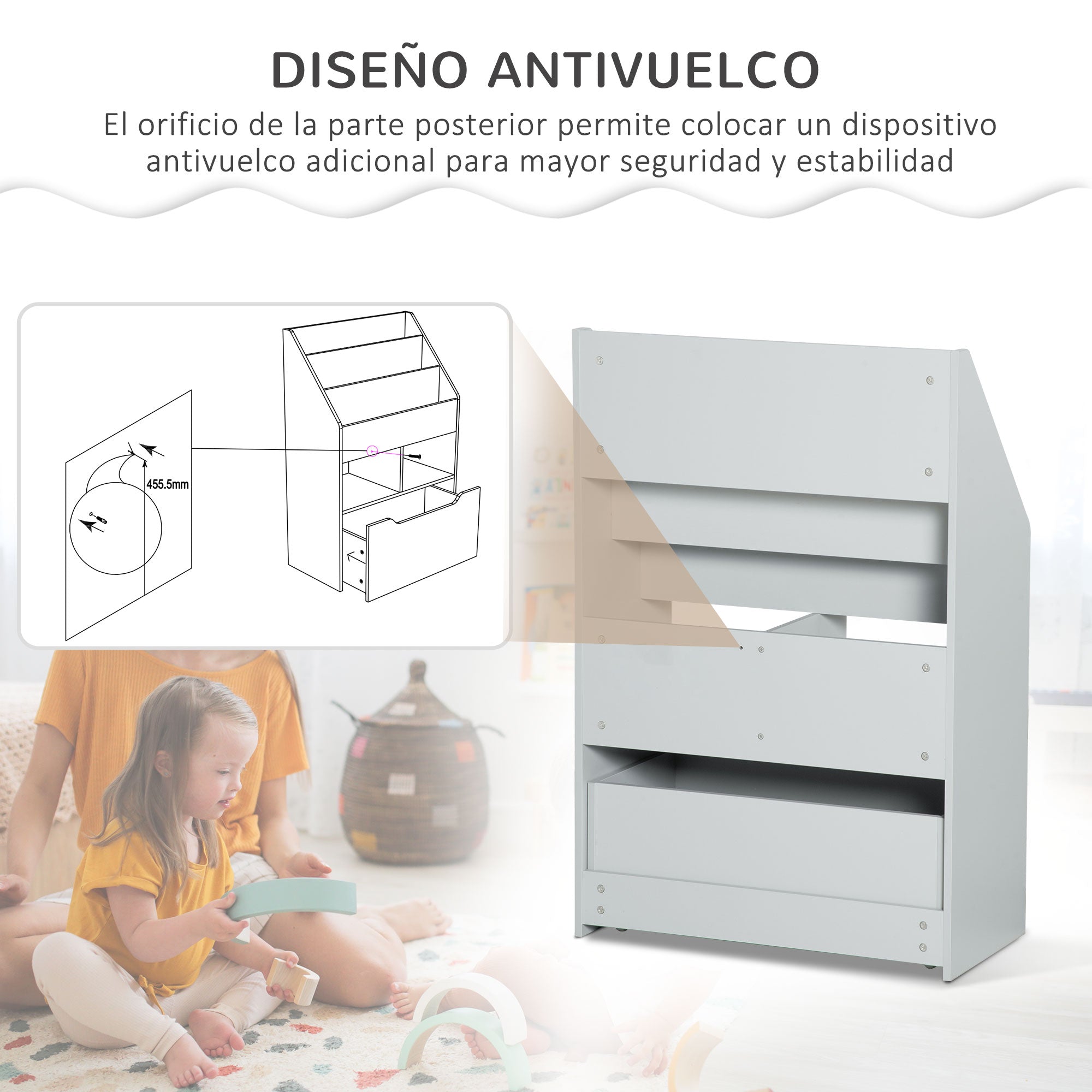 Children's Wooden Shelf with 3 Compartments, 2 Cubes, and Mobile Drawer with 4 Wheels, Kids' Bookshelf for Children's Room Playroom, 60x29.9x90 cm Gray