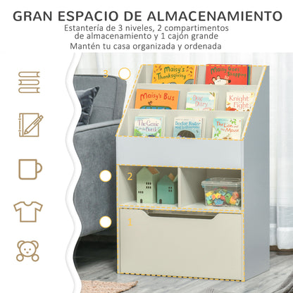 Children's Wooden Shelf with 3 Compartments, 2 Cubes, and Mobile Drawer with 4 Wheels, Kids' Bookshelf for Children's Room Playroom, 60x29.9x90 cm Gray