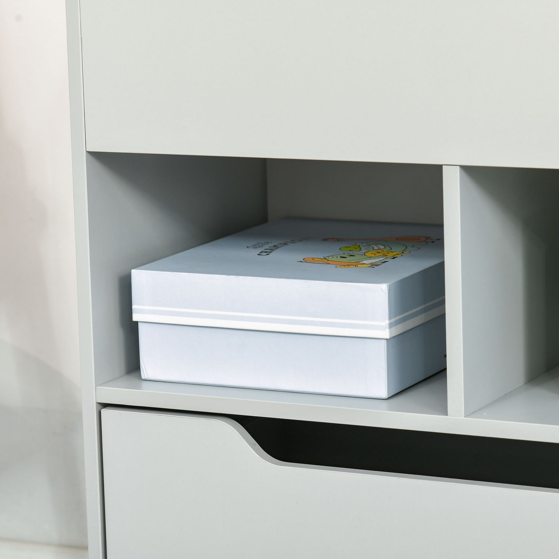 Children's Wooden Shelf with 3 Compartments, 2 Cubes, and Mobile Drawer with 4 Wheels, Kids' Bookshelf for Children's Room Playroom, 60x29.9x90 cm Gray