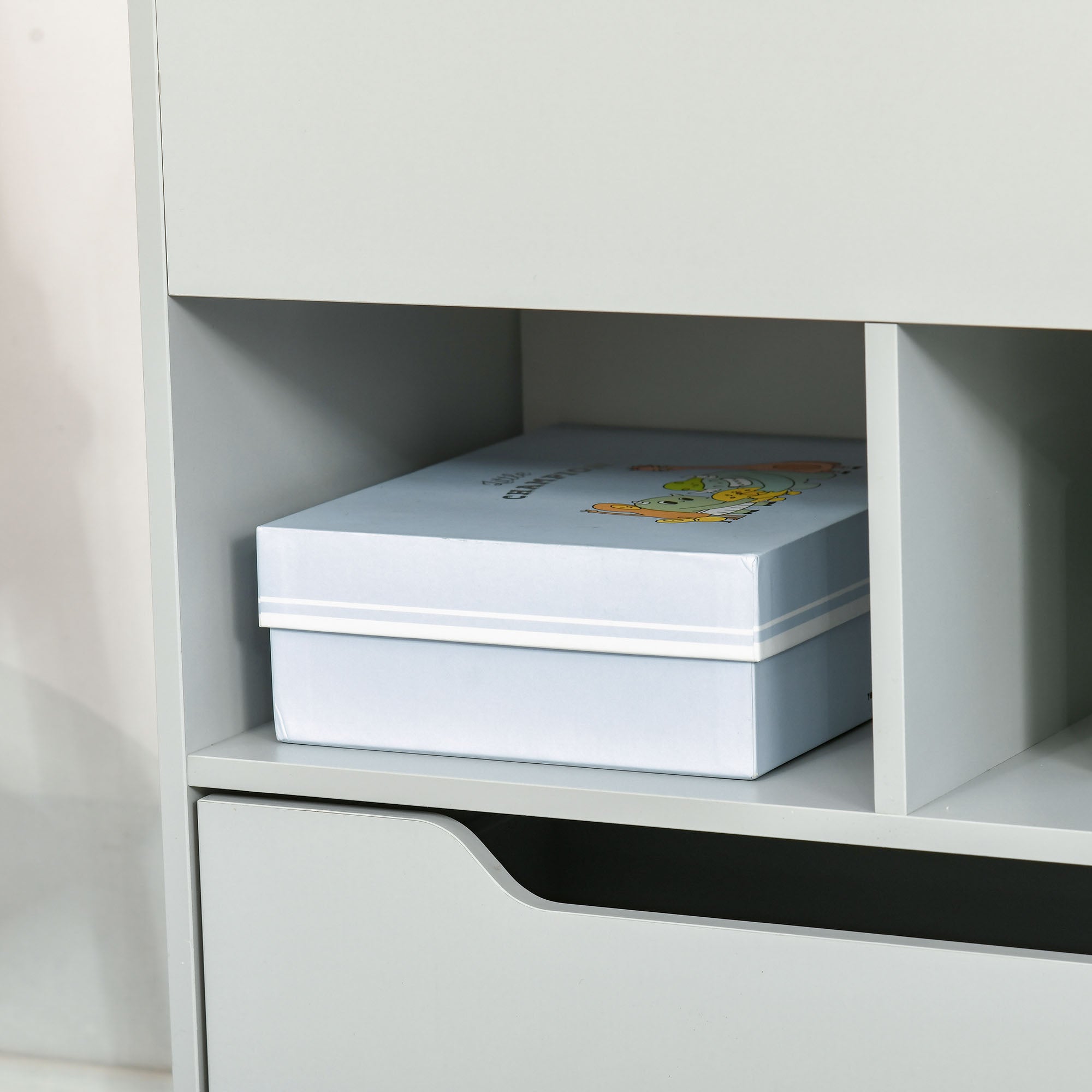 Children's Wooden Shelf with 3 Compartments, 2 Cubes, and Mobile Drawer with 4 Wheels, Kids' Bookshelf for Children's Room Playroom, 60x29.9x90 cm Gray