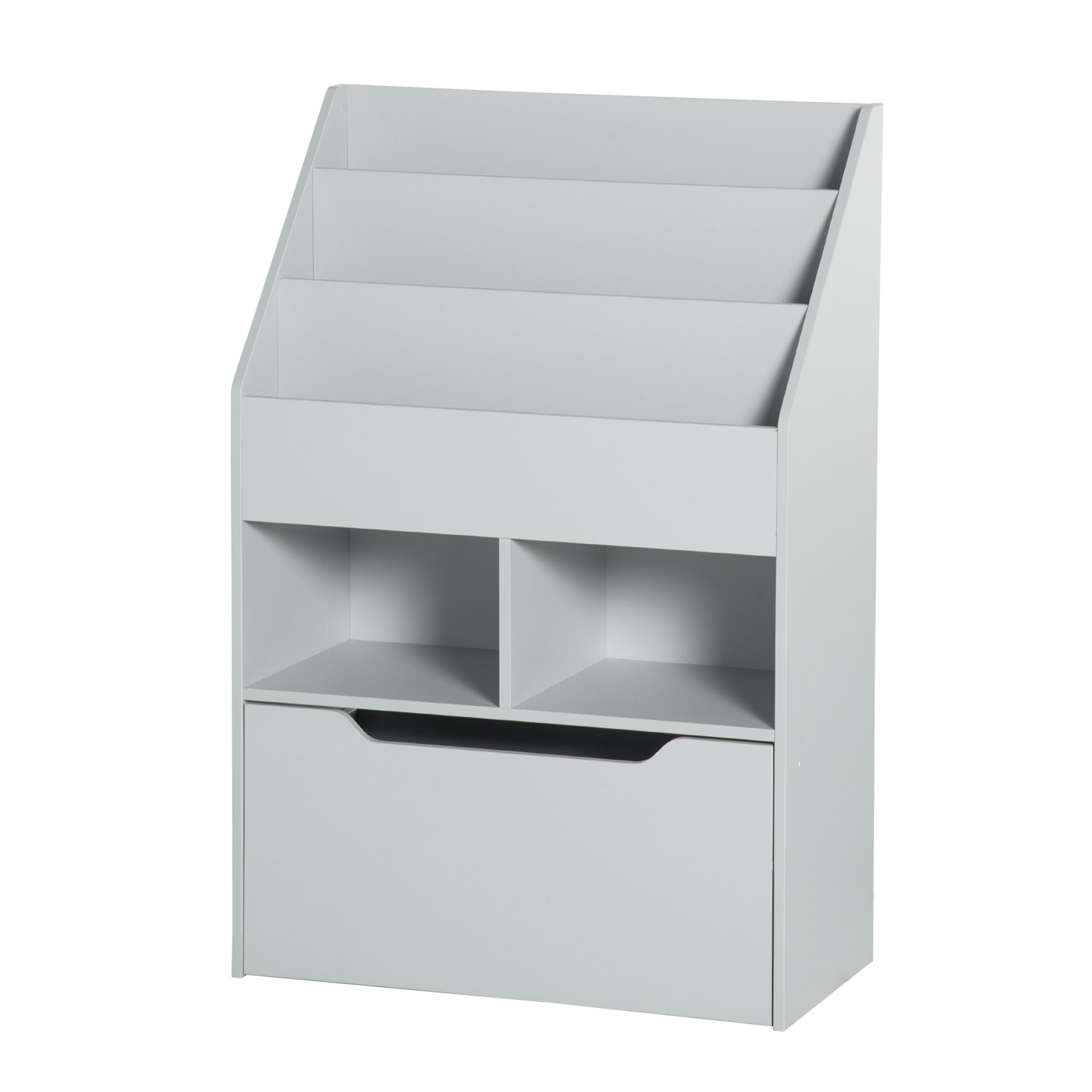 Children's Wooden Shelf with 3 Compartments, 2 Cubes, and Mobile Drawer with 4 Wheels, Kids' Bookshelf for Children's Room Playroom, 60x29.9x90 cm Gray