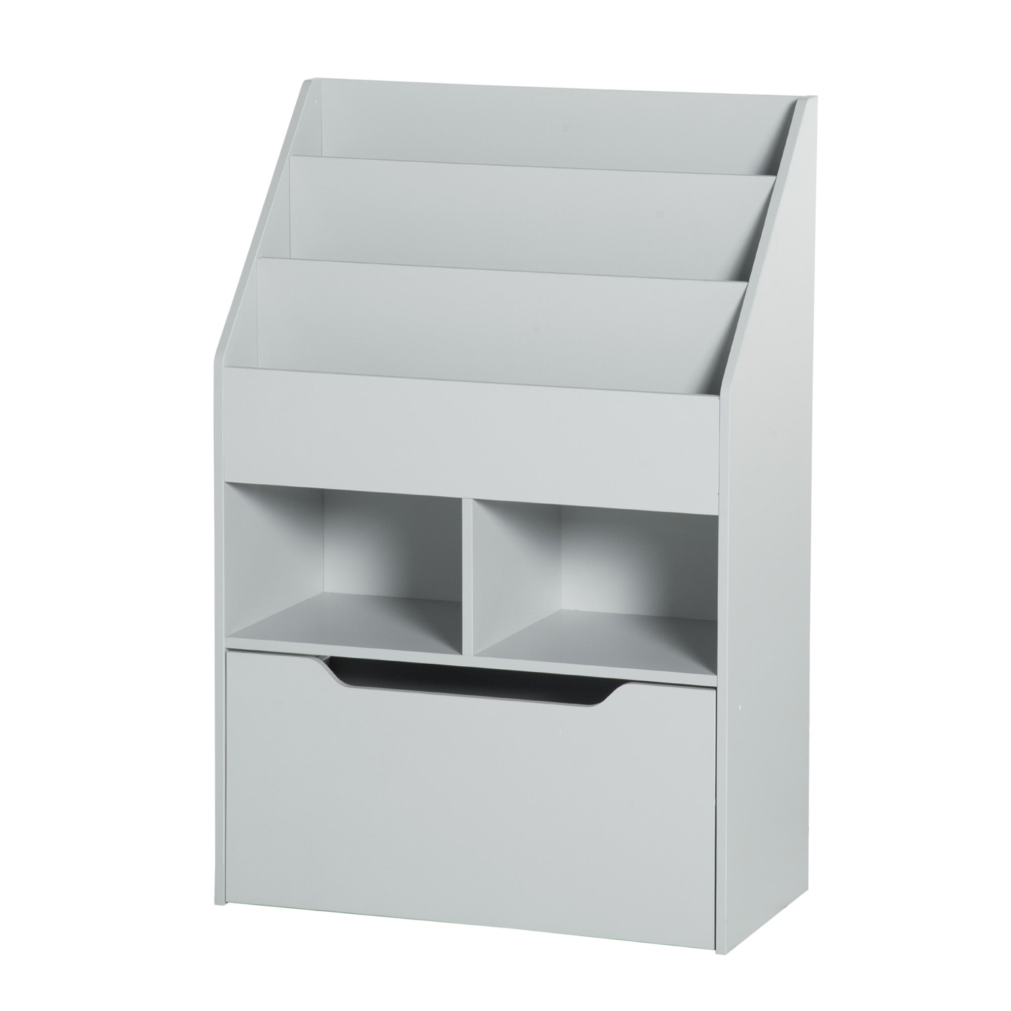 Children's Wooden Shelf with 3 Compartments, 2 Cubes, and Mobile Drawer with 4 Wheels, Kids' Bookshelf for Children's Room Playroom, 60x29.9x90 cm Gray