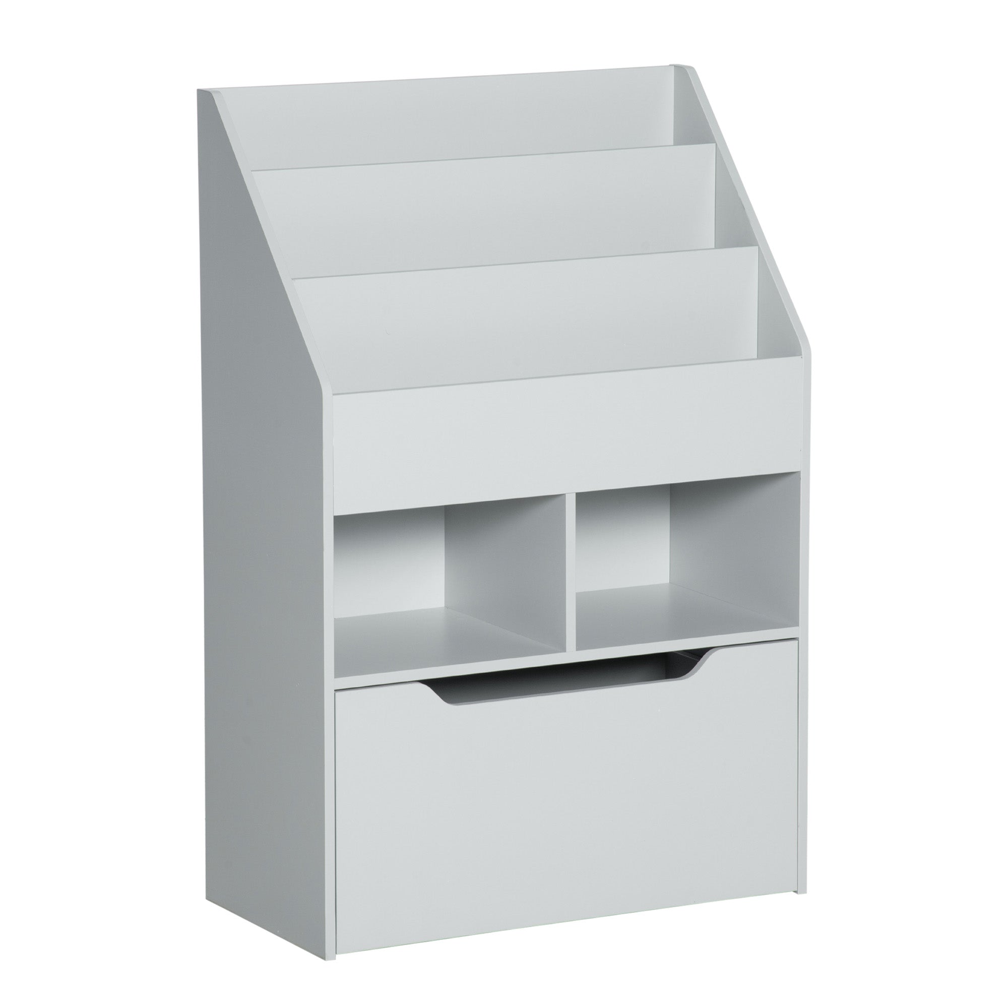 Children's Wooden Shelf with 3 Compartments, 2 Cubes, and Mobile Drawer with 4 Wheels, Kids' Bookshelf for Children's Room Playroom, 60x29.9x90 cm Gray