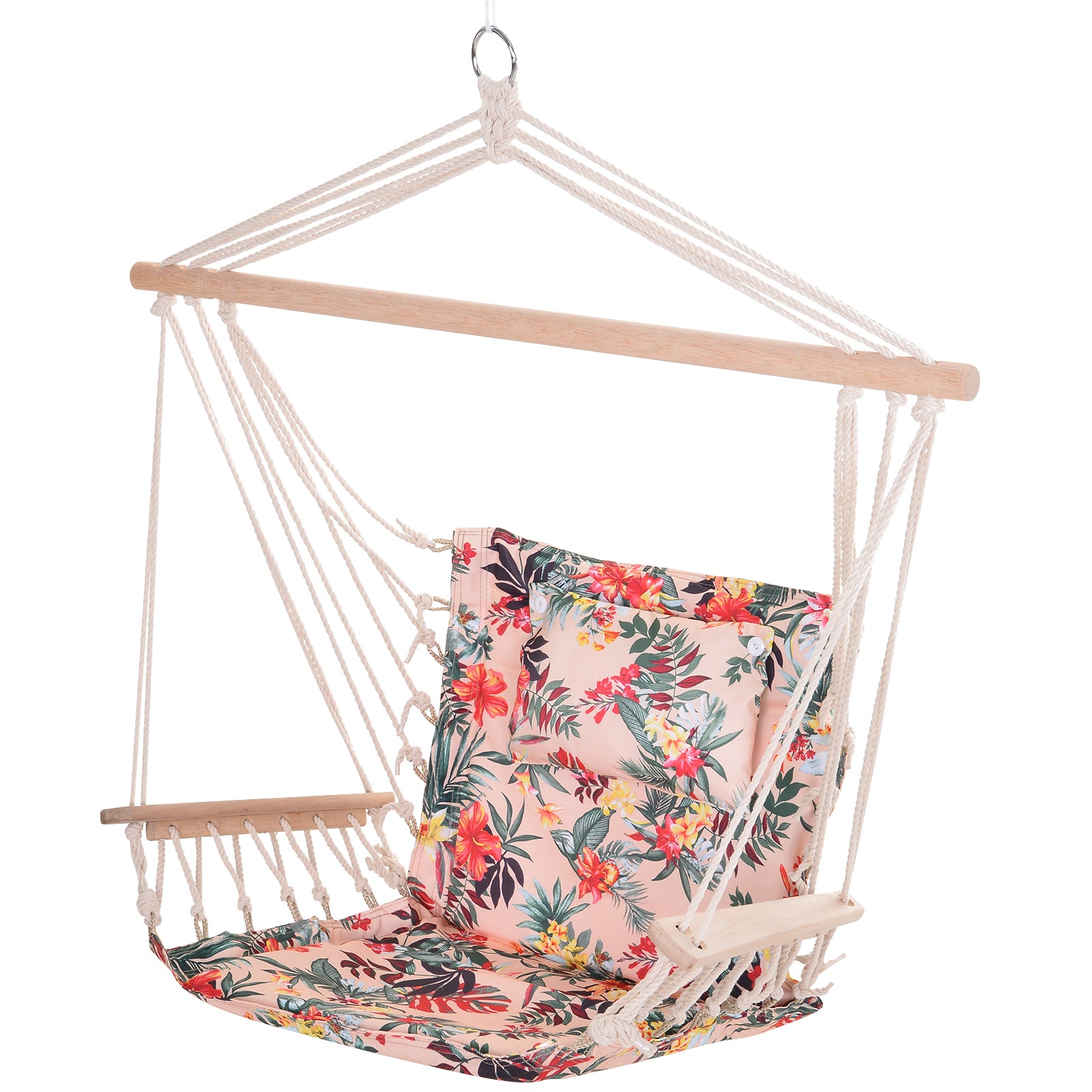 Hanging Chair Floral Print Hammock with Headrest Cushion for Indoor Outdoor 100x106 cm Max Load 100 kg