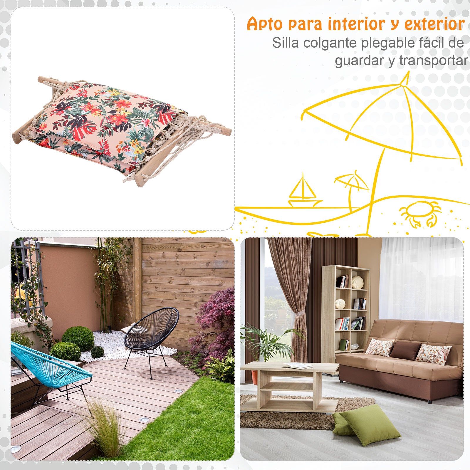 Hanging Chair Floral Print Hammock with Headrest Cushion for Indoor Outdoor 100x106 cm Max Load 100 kg