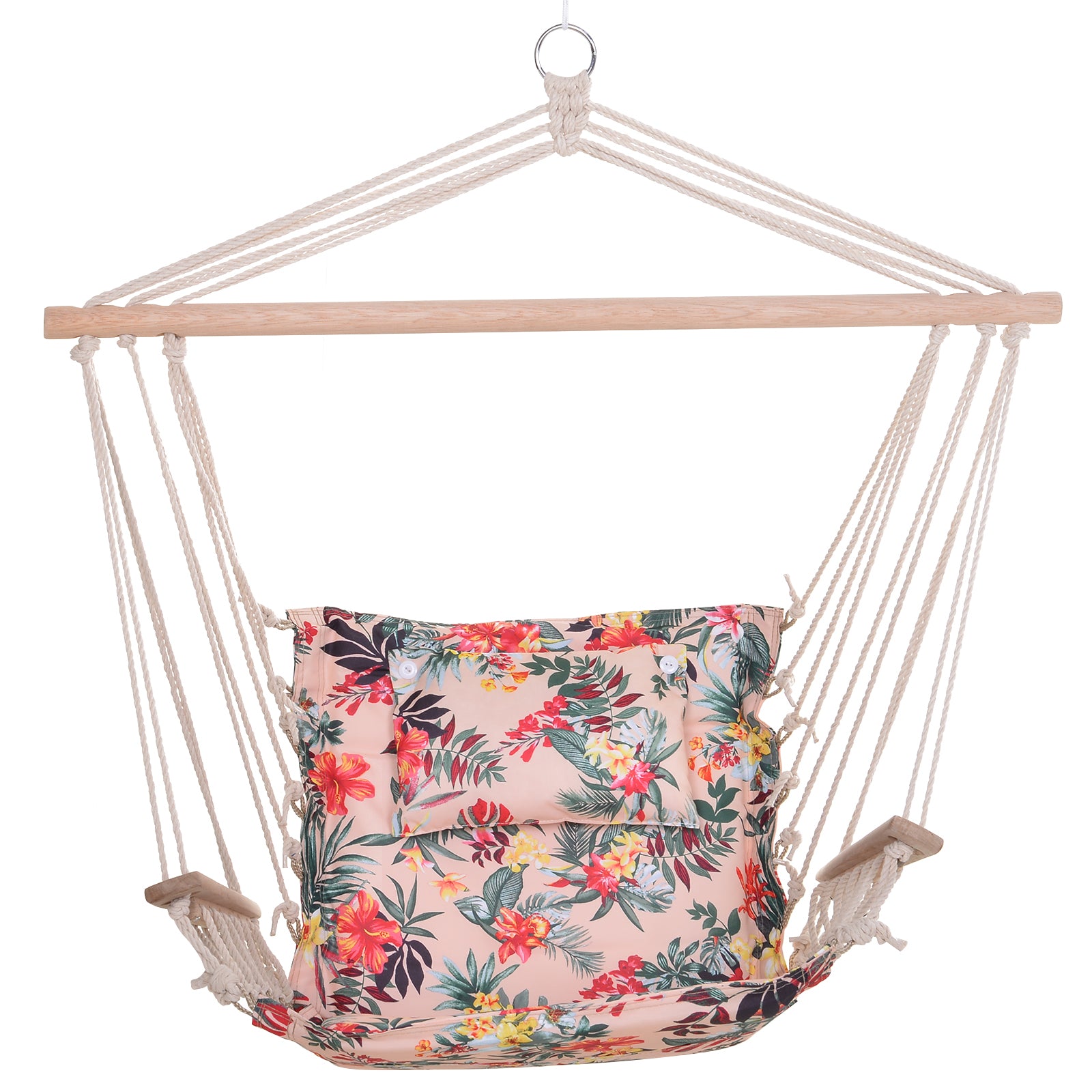 Hanging Chair Floral Print Hammock with Headrest Cushion for Indoor Outdoor 100x106 cm Max Load 100 kg