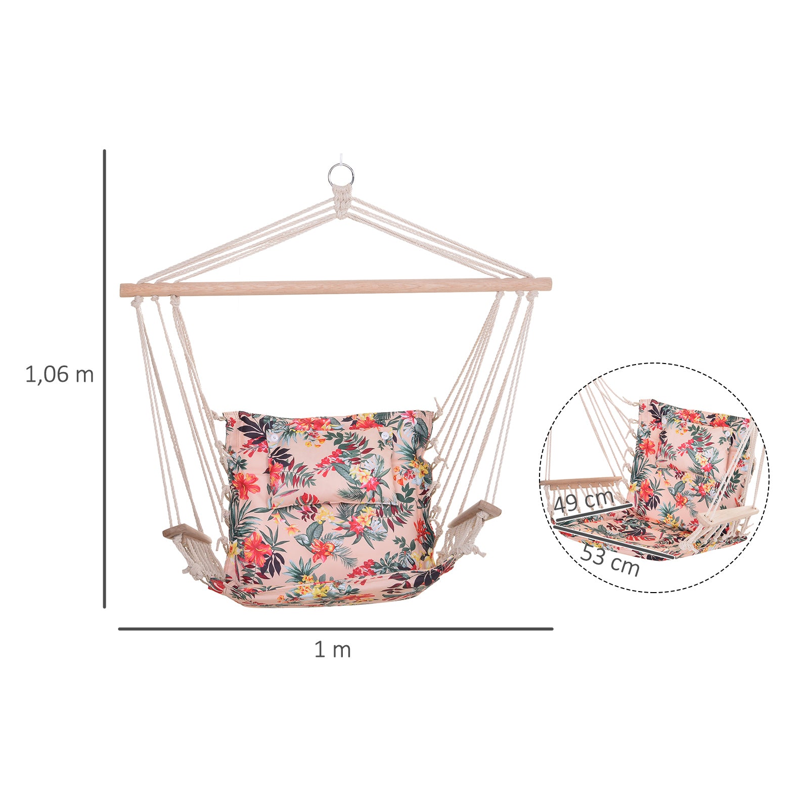 Hanging Chair Floral Print Hammock with Headrest Cushion for Indoor Outdoor 100x106 cm Max Load 100 kg