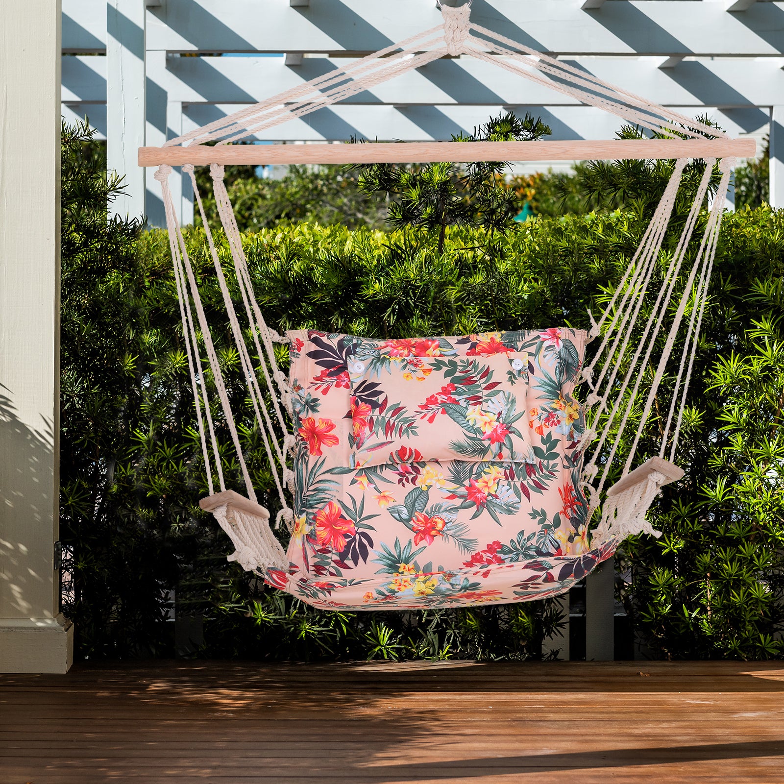 Hanging Chair Floral Print Hammock with Headrest Cushion for Indoor Outdoor 100x106 cm Max Load 100 kg