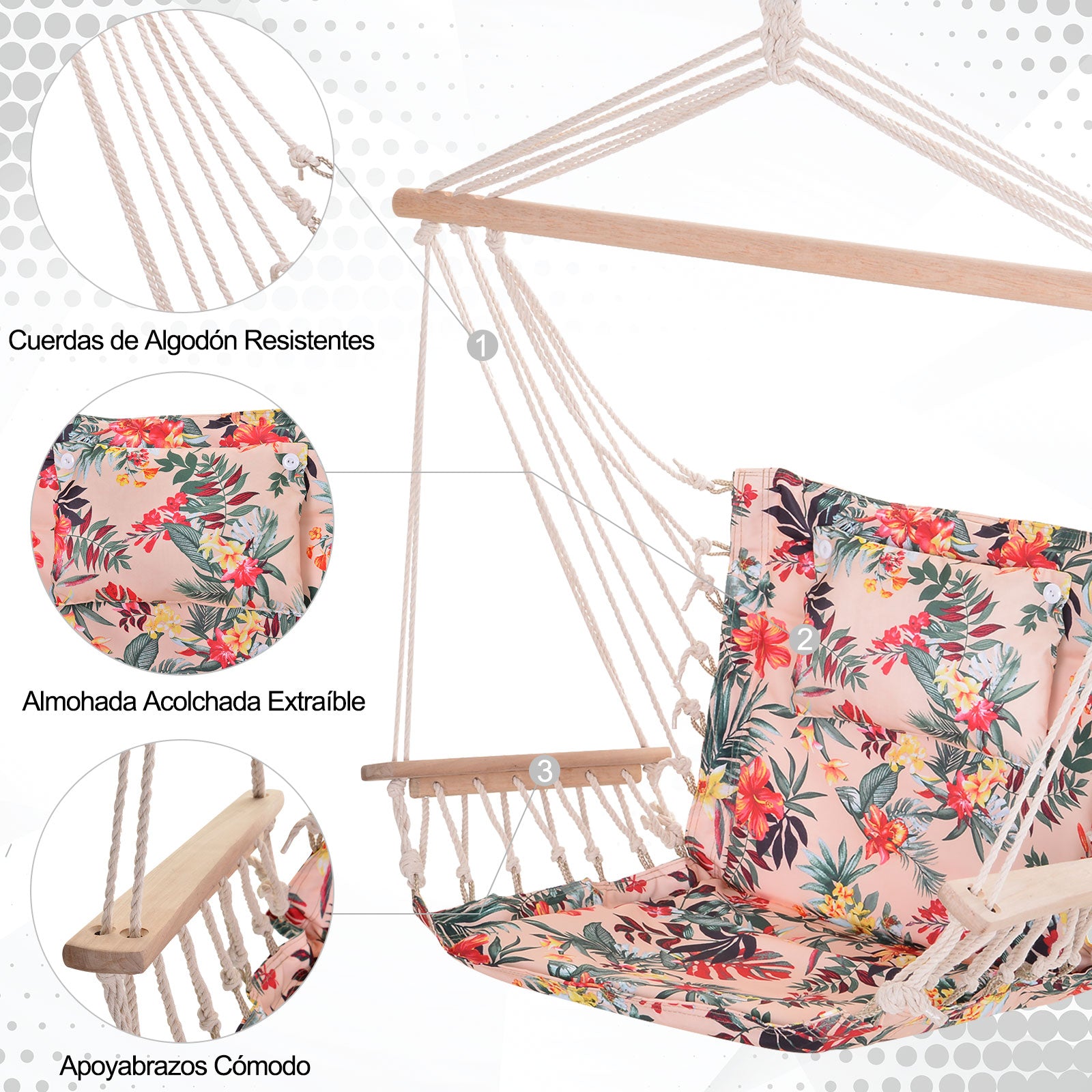 Hanging Chair Floral Print Hammock with Headrest Cushion for Indoor Outdoor 100x106 cm Max Load 100 kg