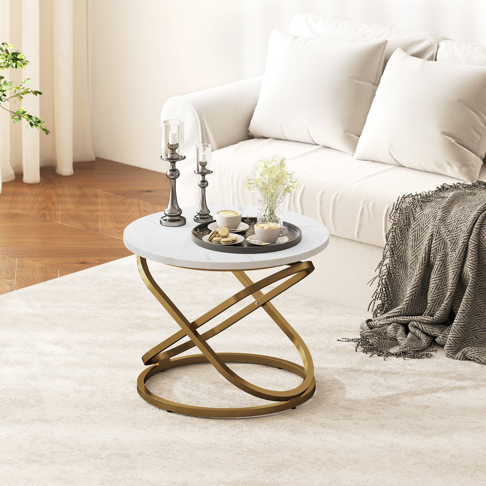 Round Coffee Table — Industrial Style Gold Metal Base with Marble-Effect Top, Ø 60 × 46 cm (Ø 23.6 × 18.1 in)