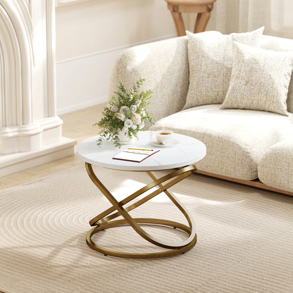 Round Coffee Table — Industrial Style Gold Metal Base with Marble-Effect Top, Ø 60 × 46 cm (Ø 23.6 × 18.1 in)