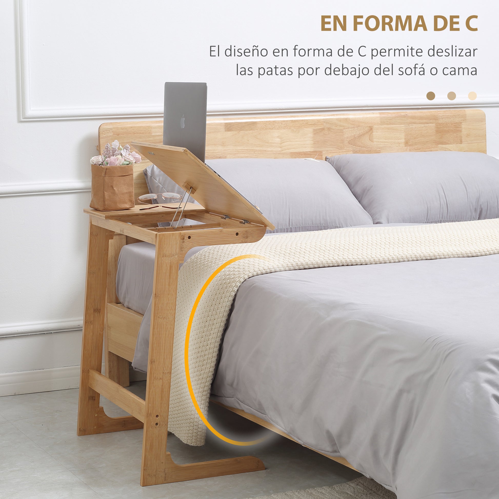 C-Shaped Side Table Bamboo Side Table with Adjustable Flip-Top and 140-180° Angle for Living Room Bedroom Sofa Bed 60x33x67 cm Natural