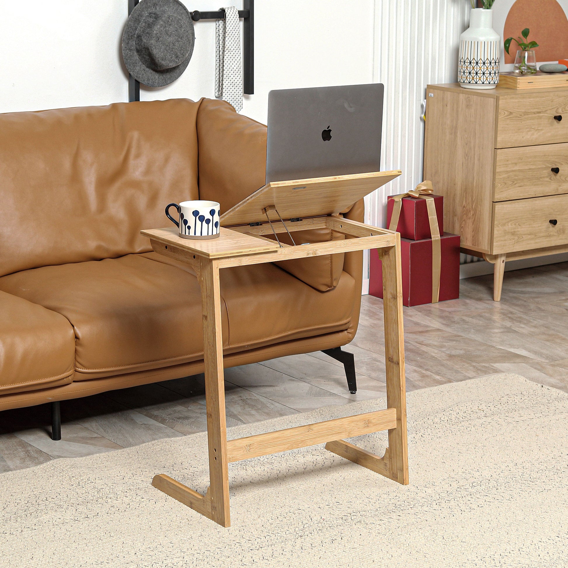 C-Shaped Side Table Bamboo Side Table with Adjustable Flip-Top and 140-180° Angle for Living Room Bedroom Sofa Bed 60x33x67 cm Natural