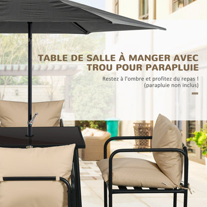 Outdoor Steel Garden Furniture Set Table and Chairs - 5 Pieces with 1 Square Dining Table and 4 Chairs 4 Cushions - Tempered Glass Tabletop with Umbrella Hole
