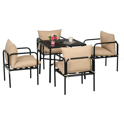 Outdoor Steel Garden Furniture Set Table and Chairs - 5 Pieces with 1 Square Dining Table and 4 Chairs 4 Cushions - Tempered Glass Tabletop with Umbrella Hole