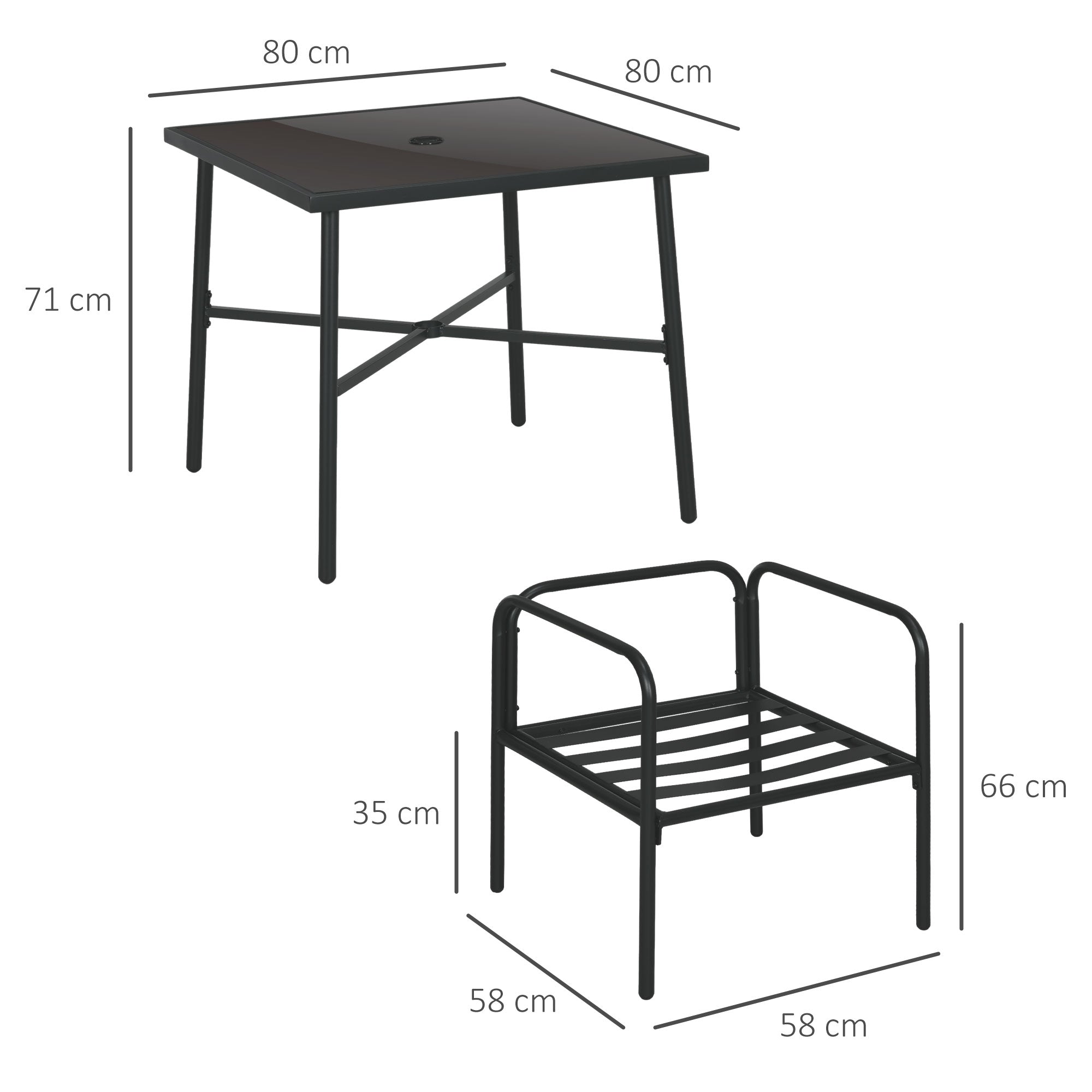 Outdoor Steel Garden Furniture Set Table and Chairs - 5 Pieces with 1 Square Dining Table and 4 Chairs 4 Cushions - Tempered Glass Tabletop with Umbrella Hole