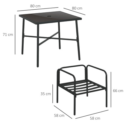 Outdoor Steel Garden Furniture Set Table and Chairs - 5 Pieces with 1 Square Dining Table and 4 Chairs 4 Cushions - Tempered Glass Tabletop with Umbrella Hole