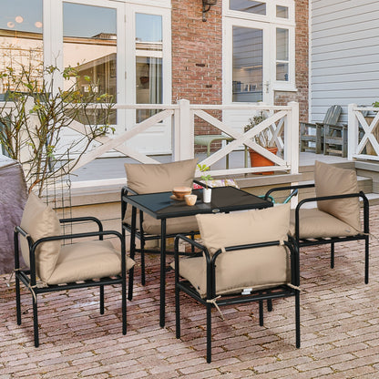 Outdoor Steel Garden Furniture Set Table and Chairs - 5 Pieces with 1 Square Dining Table and 4 Chairs 4 Cushions - Tempered Glass Tabletop with Umbrella Hole