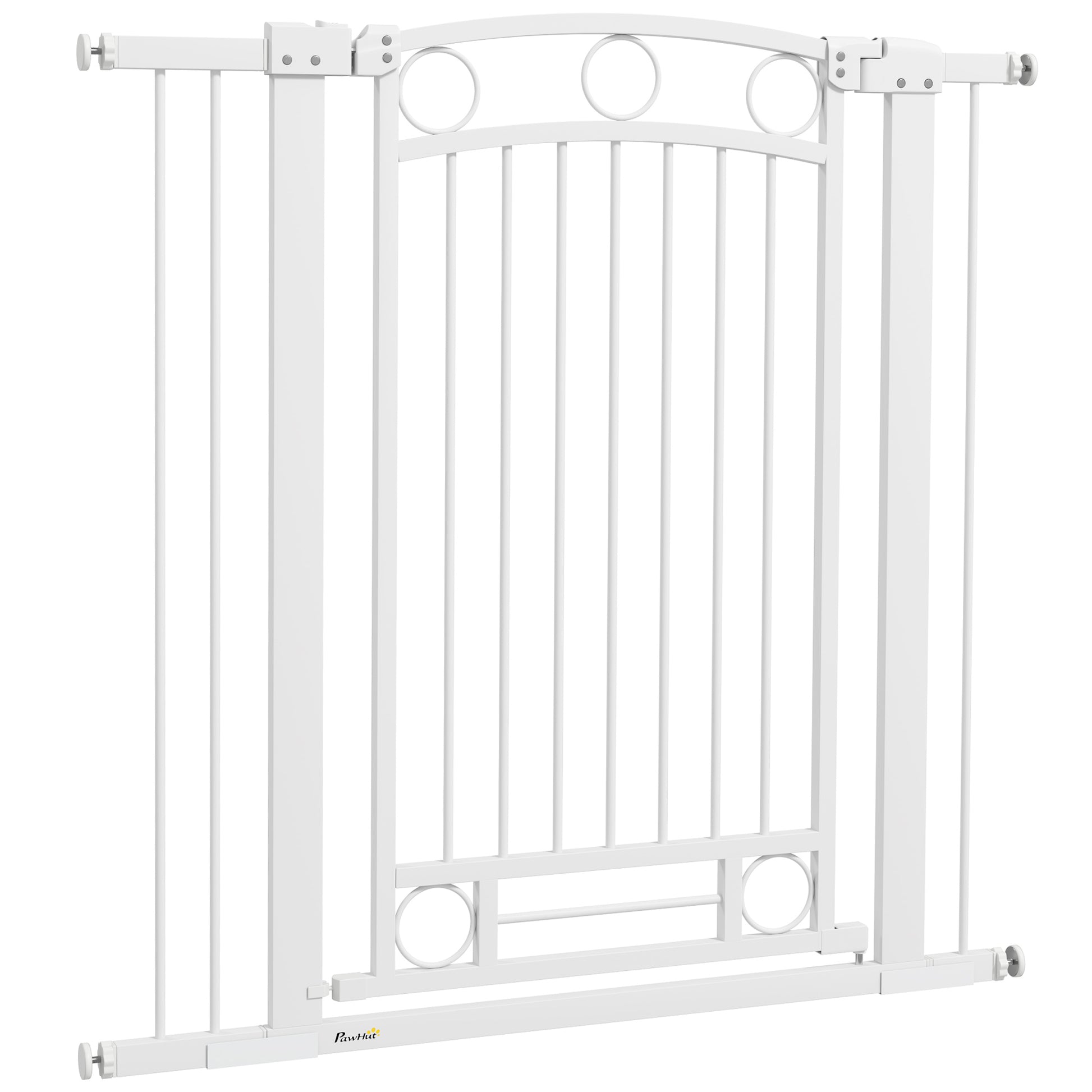 Expandable Dog Safety Gate 76-104 cm for Doors and Stairs Pet Safety Gate Height 105 cm with Pressure Mounting Double Lock and 2 Extensions White