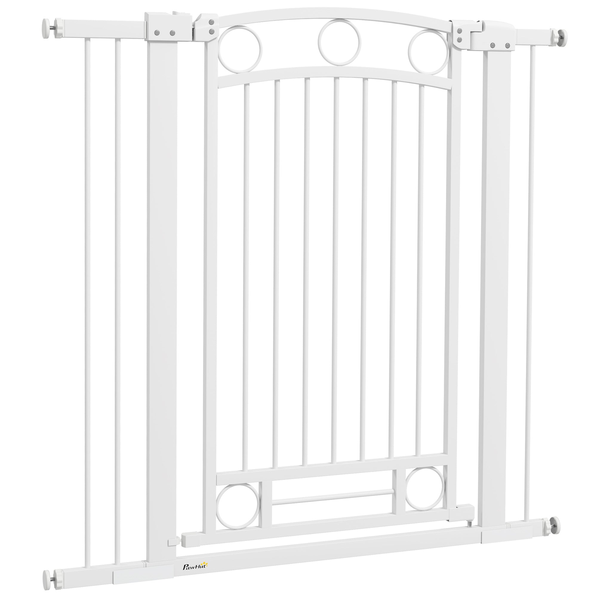 Expandable Dog Safety Gate 76-104 cm for Doors and Stairs Pet Safety Gate Height 105 cm with Pressure Mounting Double Lock and 2 Extensions White