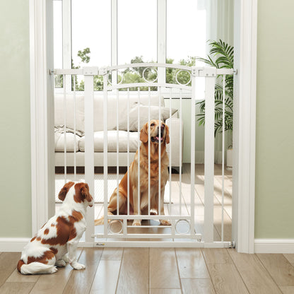Expandable Dog Safety Gate 76-104 cm for Doors and Stairs Pet Safety Gate Height 105 cm with Pressure Mounting Double Lock and 2 Extensions White