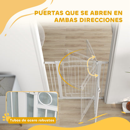 Expandable Dog Safety Gate 76-104 cm for Doors and Stairs Pet Safety Gate Height 105 cm with Pressure Mounting Double Lock and 2 Extensions White