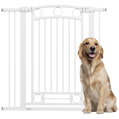 Expandable Dog Safety Gate 76-104 cm for Doors and Stairs Pet Safety Gate Height 105 cm with Pressure Mounting Double Lock and 2 Extensions White