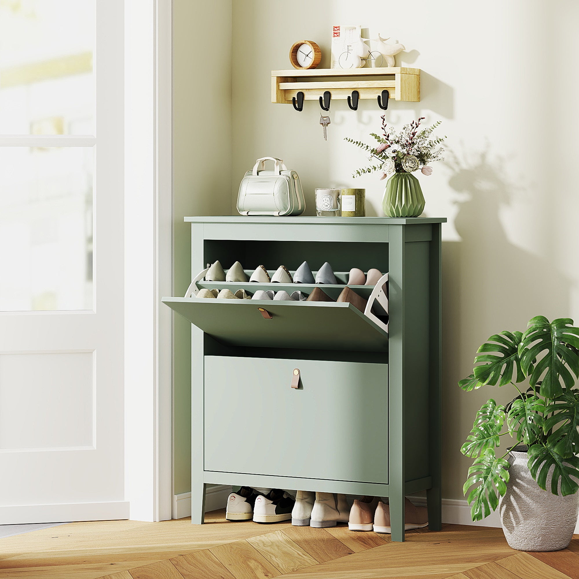 Space-Saving Shoe Cabinet with 2 Flip Drawers for 14 Pairs of Shoes, Entryway Furniture with Adjustable and Removable Shelves for Shoes Up to EU44 Size, 80x24x95.5cm, Green